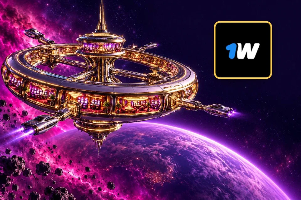 1win logo on a gold-framed tile beside a gold ring-shaped space-station casino above a violet planet