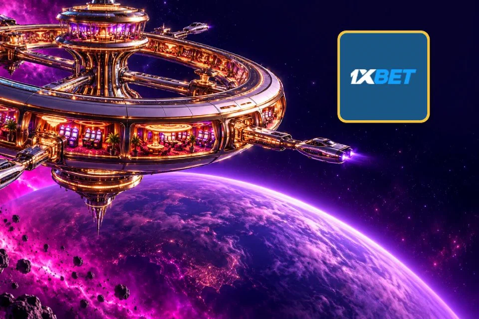 1xBet logo on a gold-framed tile beside a gold ring-shaped space-station casino above a violet planet