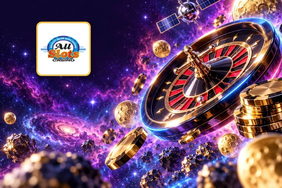 All Slots logo on a gold-framed tile beside a roulette wheel and gold chips floating in a violet nebula