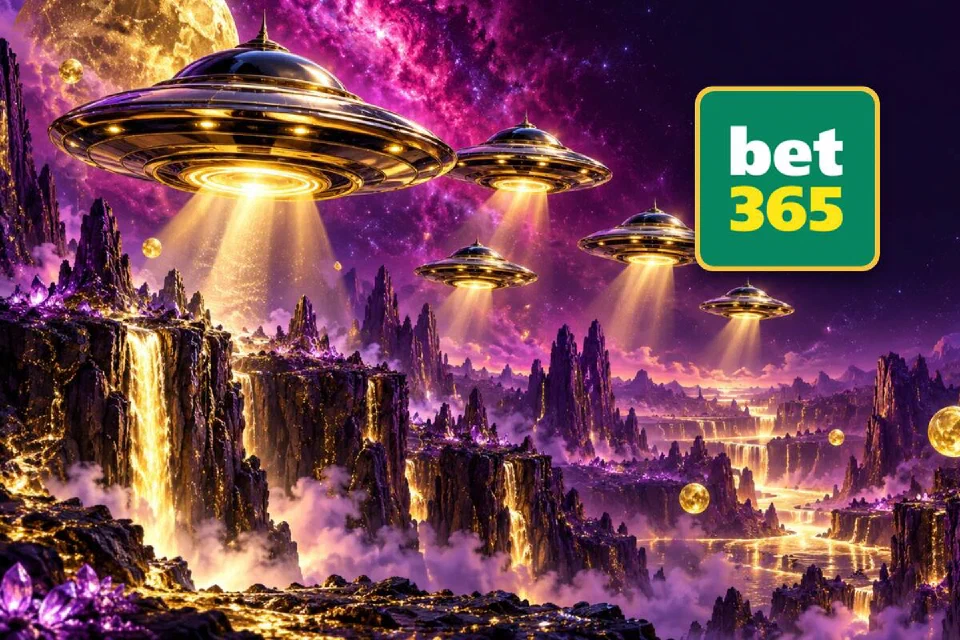 bet365 logo on a gold-framed tile beside a fleet of chrome flying saucers over glowing purple canyons