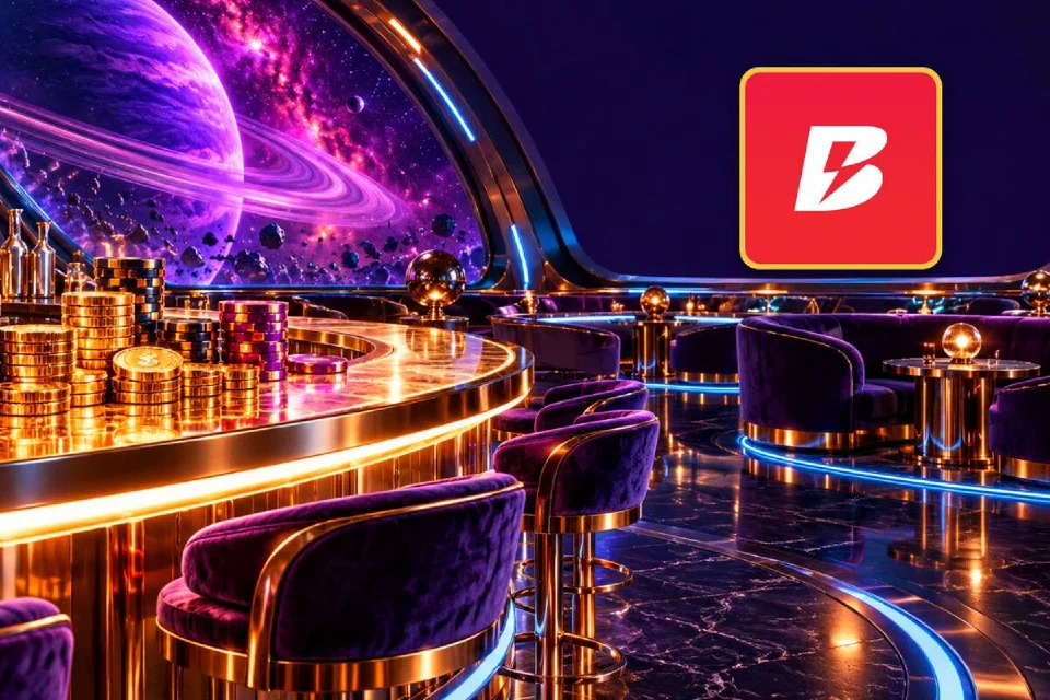 Betano logo on a gold-framed tile beside a gold cocktail bar with chip stacks on a spaceship deck