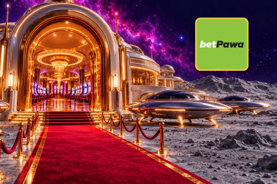 betPawa logo on a gold-framed tile beside the red-carpet entrance of a gold moon-base casino with chrome saucers parked outside