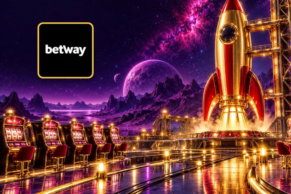 Betway logo on a gold-framed tile beside a red and gold rocket on a launch pad lined with glowing slot machines