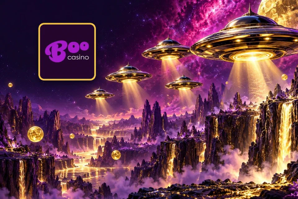 Boo Casino logo on a gold-framed tile beside a fleet of chrome flying saucers over glowing purple canyons
