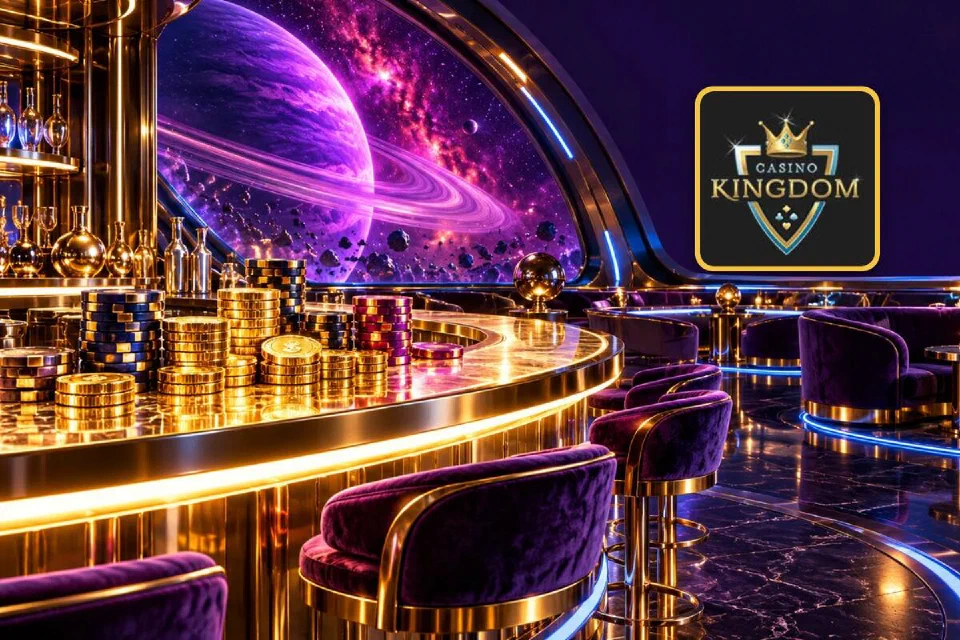 Casino Kingdom logo on a gold-framed tile beside a gold cocktail bar with chip stacks on a spaceship deck