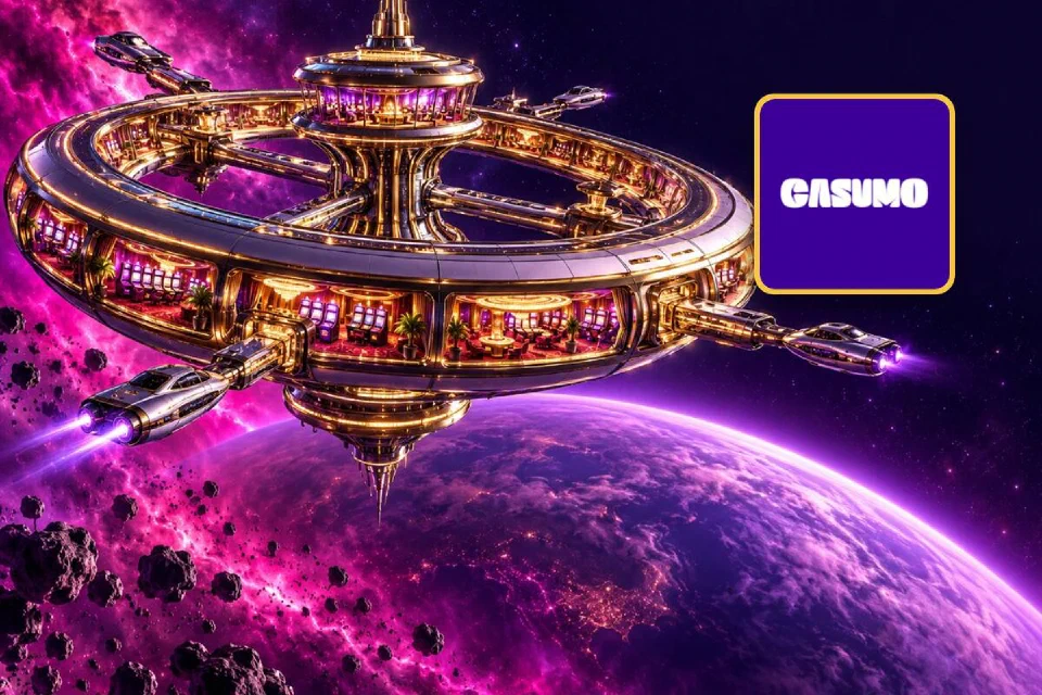 Casumo logo on a gold-framed tile beside a gold ring-shaped space-station casino above a violet planet