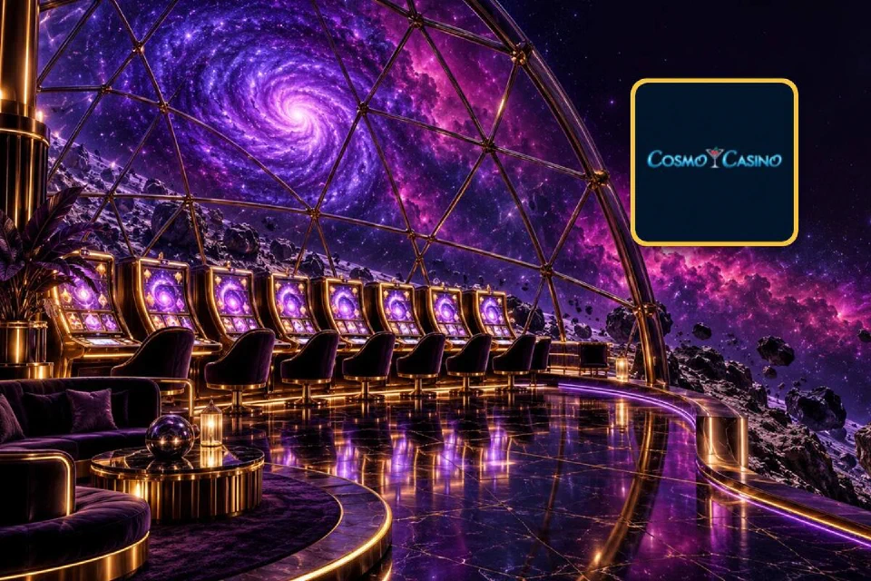 Cosmo Casino logo on a gold-framed tile beside a glass-domed VIP slot room under a swirling violet galaxy