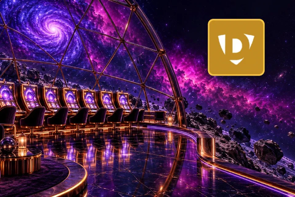 DoradoBet logo on a gold-framed tile beside a glass-domed VIP slot room under a swirling violet galaxy