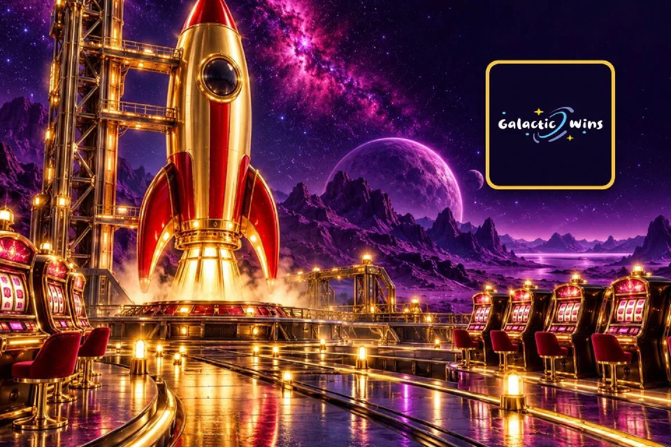 Galactic Wins logo on a gold-framed tile beside a red and gold rocket on a launch pad lined with glowing slot machines