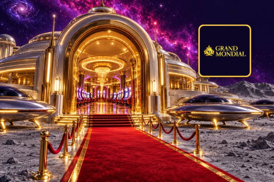 Grand Mondial logo on a gold-framed tile beside the red-carpet entrance of a gold moon-base casino with chrome saucers parked outside