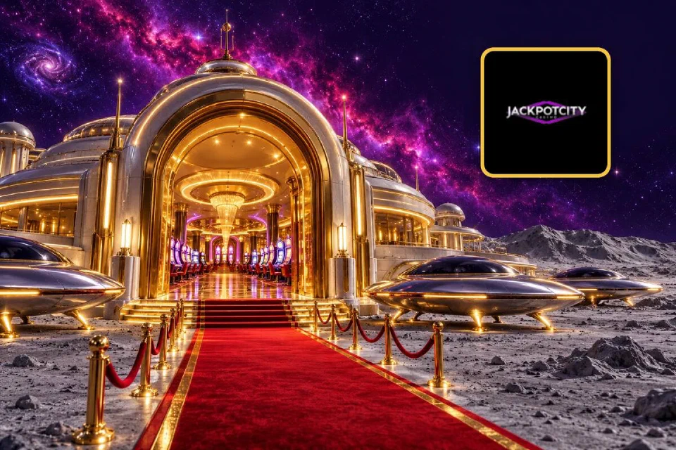 JackpotCity logo on a gold-framed tile beside the red-carpet entrance of a gold moon-base casino with chrome saucers parked outside