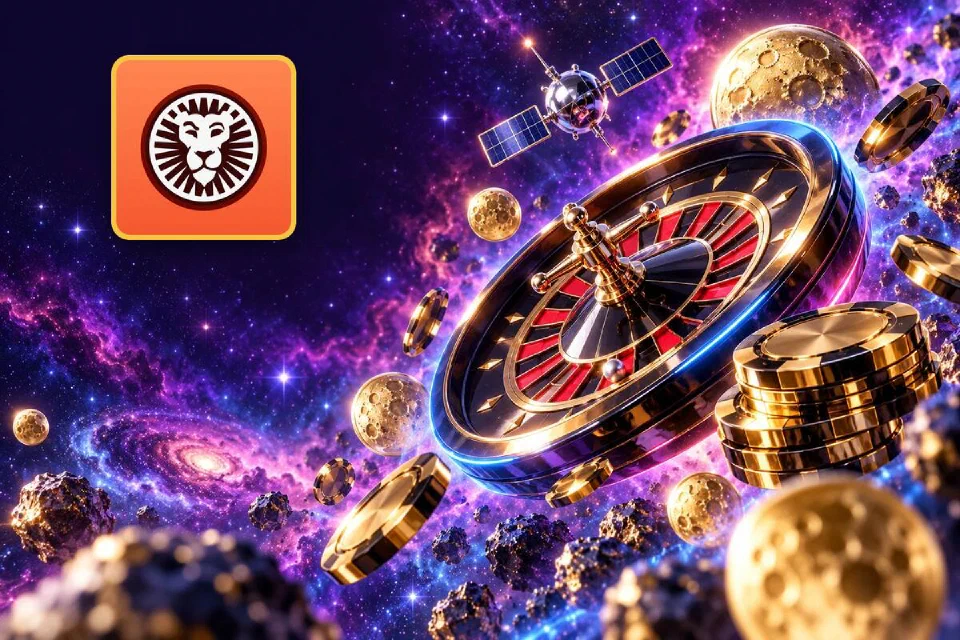 LeoVegas logo on a gold-framed tile beside a roulette wheel and gold chips floating in a violet nebula