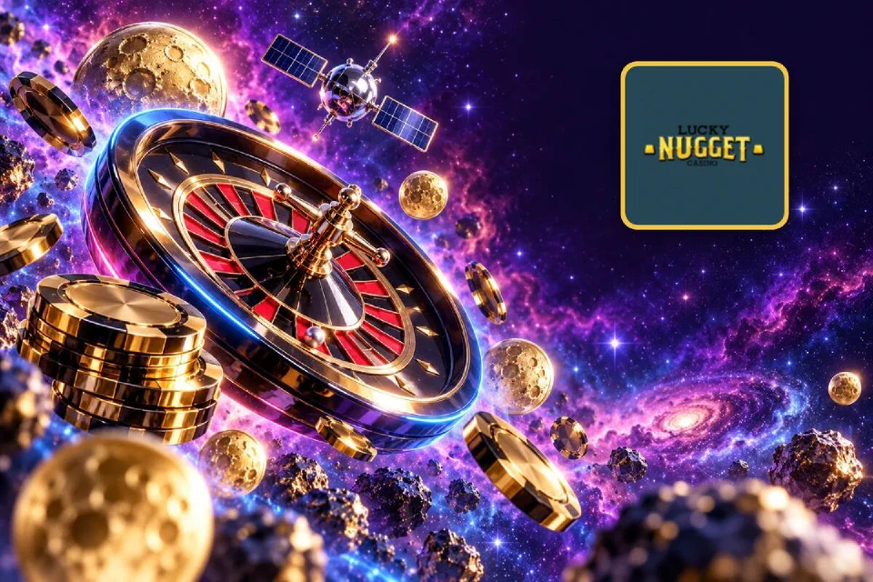 Lucky Nugget logo on a gold-framed tile beside a roulette wheel and gold chips floating in a violet nebula