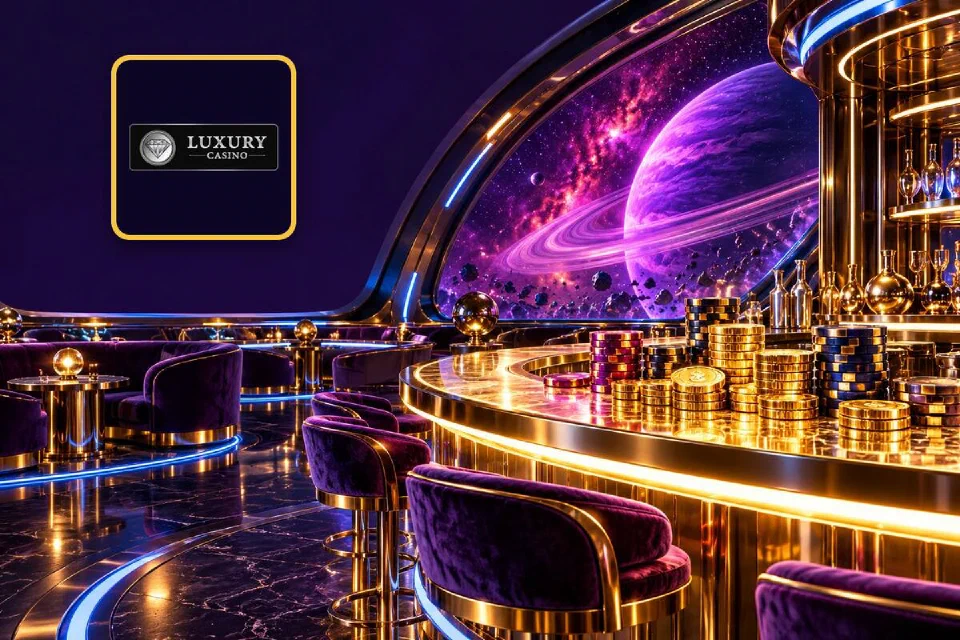 Luxury Casino logo on a gold-framed tile beside a gold cocktail bar with chip stacks on a spaceship deck