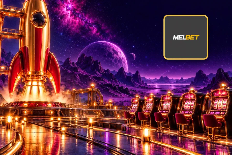 Melbet logo on a gold-framed tile beside a red and gold rocket on a launch pad lined with glowing slot machines