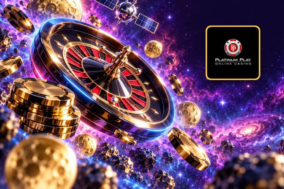 Platinum Play logo on a gold-framed tile beside a roulette wheel and gold chips floating in a violet nebula