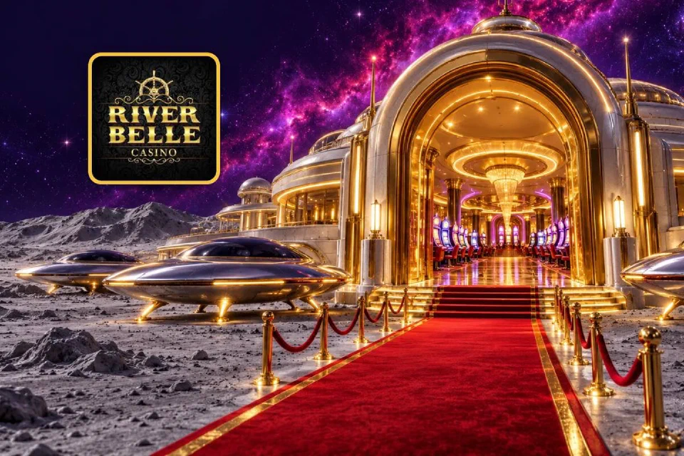 River Belle logo on a gold-framed tile beside the red-carpet entrance of a gold moon-base casino with chrome saucers parked outside