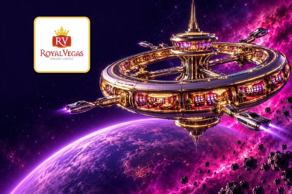 Royal Vegas logo on a gold-framed tile beside a gold ring-shaped space-station casino above a violet planet