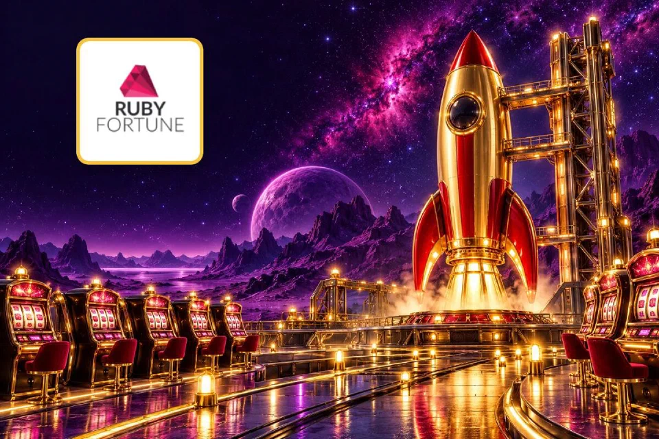 Ruby Fortune logo on a gold-framed tile beside a red and gold rocket on a launch pad lined with glowing slot machines