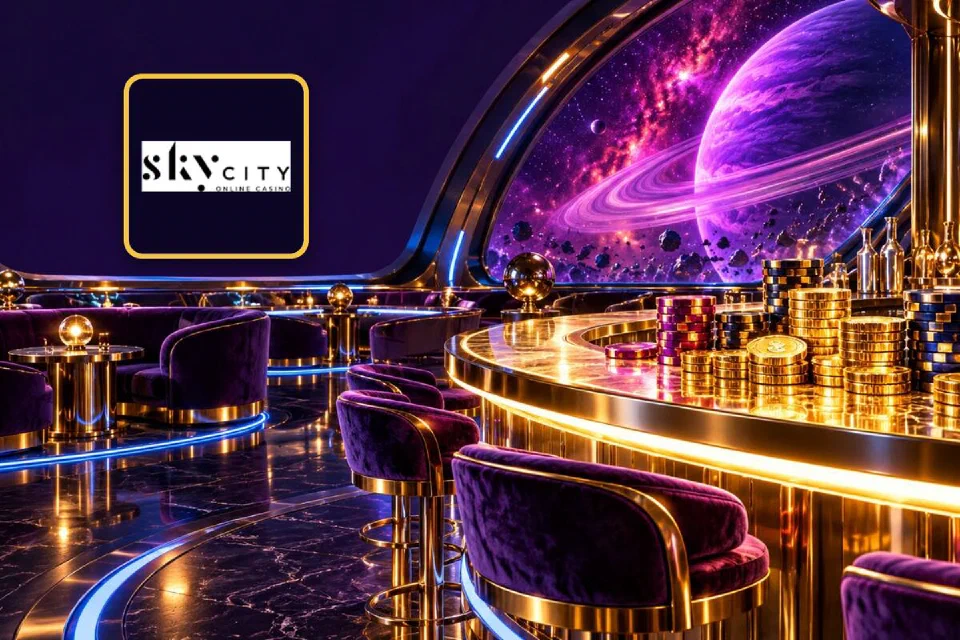 SkyCity Online Casino logo on a gold-framed tile beside a gold cocktail bar with chip stacks on a spaceship deck