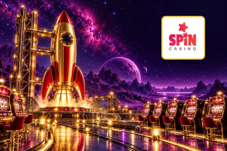 Spin Casino logo on a gold-framed tile beside a red and gold rocket on a launch pad lined with glowing slot machines