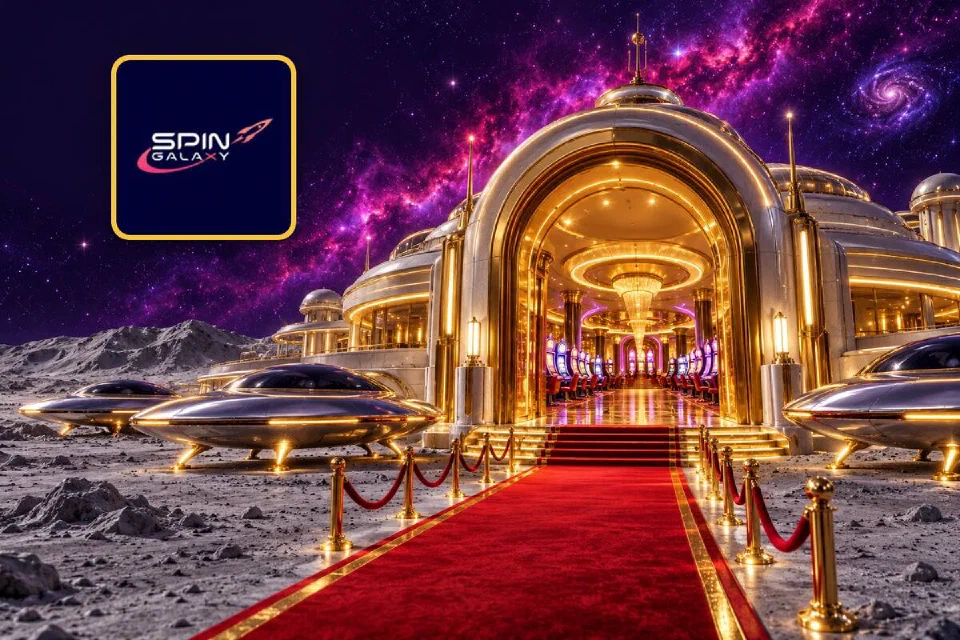 Spin Galaxy logo on a gold-framed tile beside the red-carpet entrance of a gold moon-base casino with chrome saucers parked outside