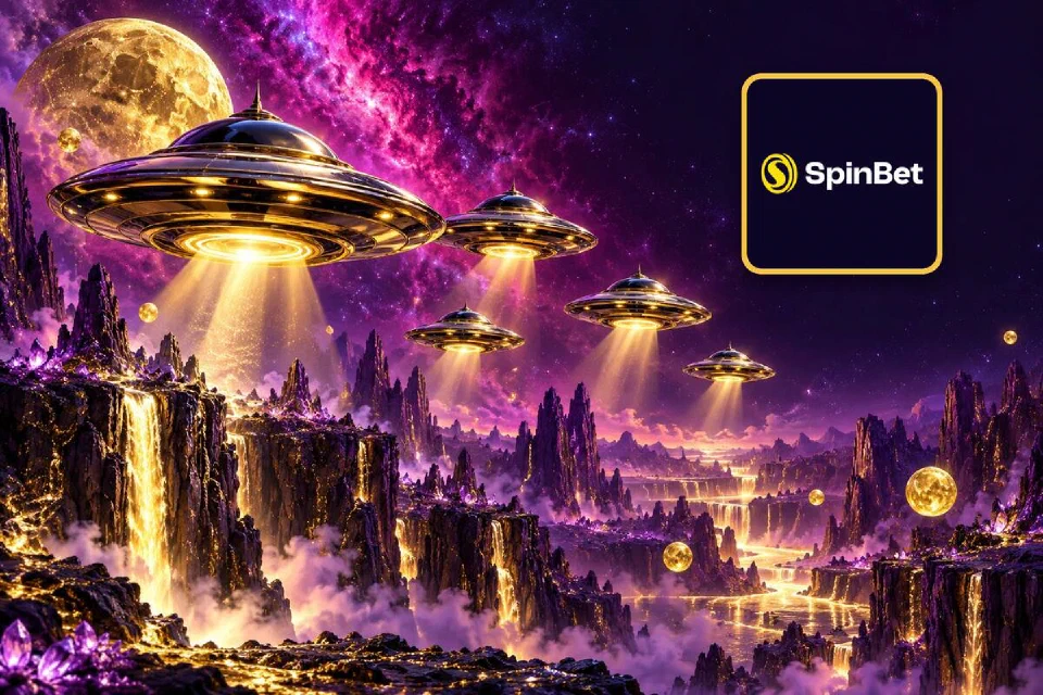 SpinBet logo on a gold-framed tile beside a fleet of chrome flying saucers over glowing purple canyons