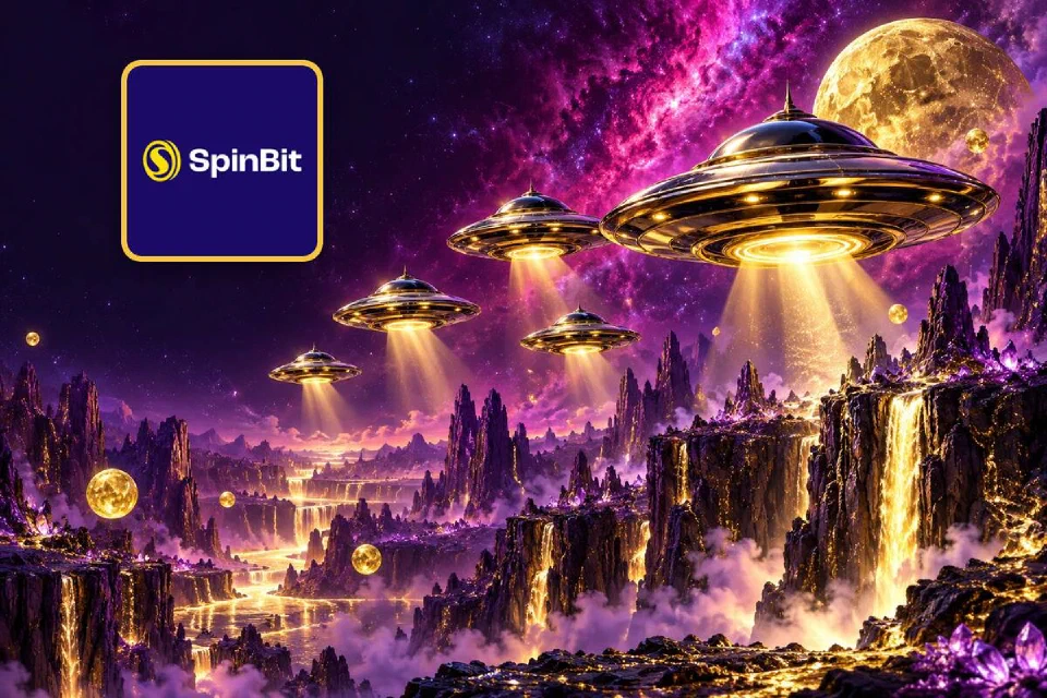 Spinbit logo on a gold-framed tile beside a fleet of chrome flying saucers over glowing purple canyons