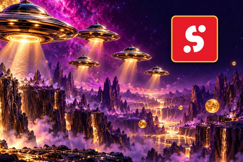 SportyBet logo on a gold-framed tile beside a fleet of chrome flying saucers over glowing purple canyons