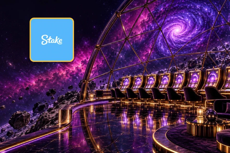 Stake logo on a gold-framed tile beside a glass-domed VIP slot room under a swirling violet galaxy