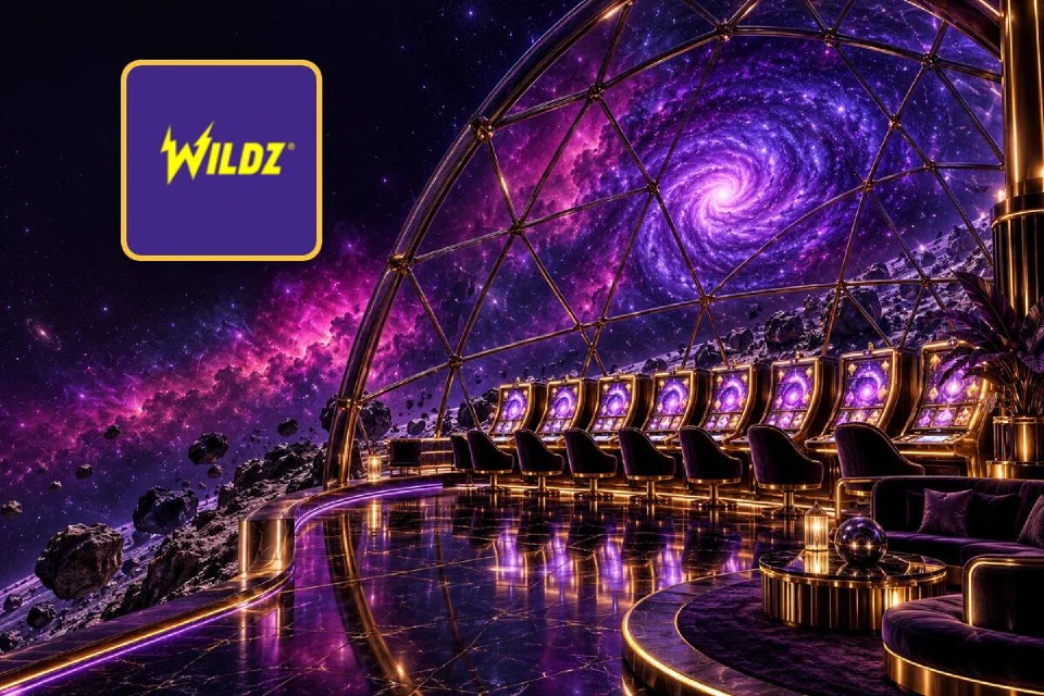 Wildz logo on a gold-framed tile beside a glass-domed VIP slot room under a swirling violet galaxy