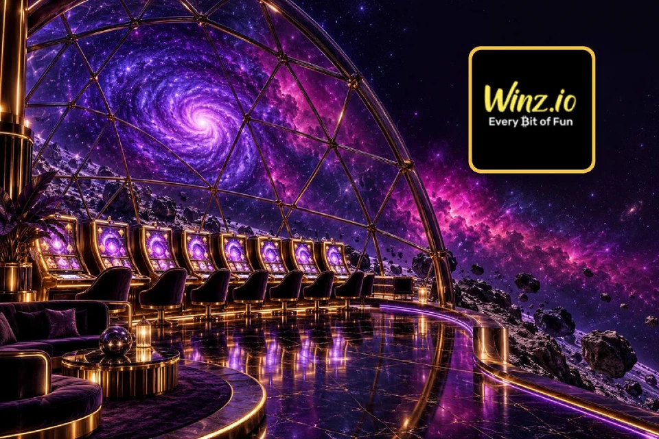 Winz.io logo on a gold-framed tile beside a glass-domed VIP slot room under a swirling violet galaxy