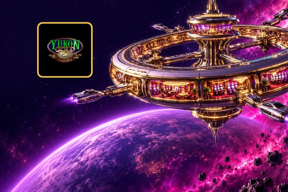 Yukon Gold logo on a gold-framed tile beside a gold ring-shaped space-station casino above a violet planet