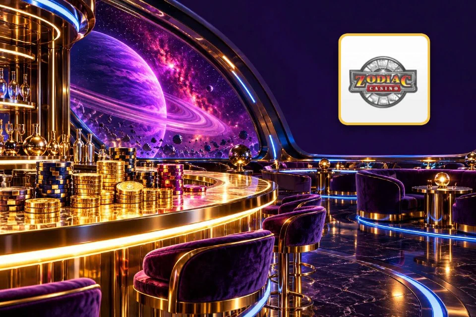 Zodiac Casino logo on a gold-framed tile beside a gold cocktail bar with chip stacks on a spaceship deck