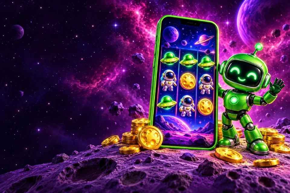 Phone in a green case on a purple moon showing space slot reels, with a waving green robot and gold coins beside it
