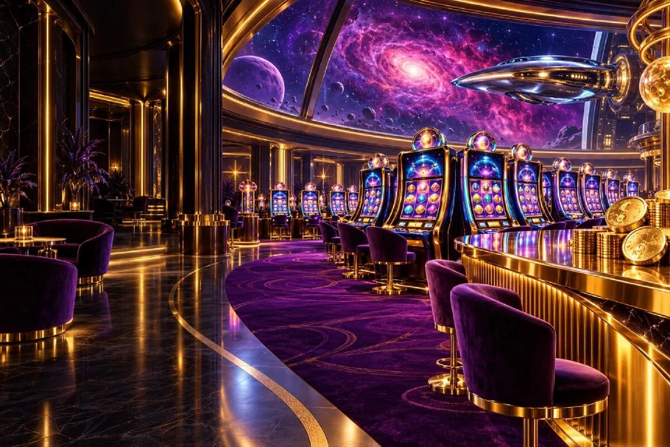 VIP space-station casino lounge with rows of glowing slot cabinets, a gold bar and a saucer docked outside the window
