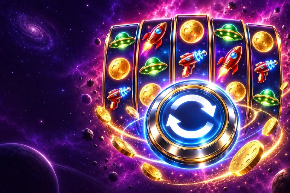 Chrome spin button with circular arrows floating in front of five reels of saucers, rockets and moon coins in violet space
