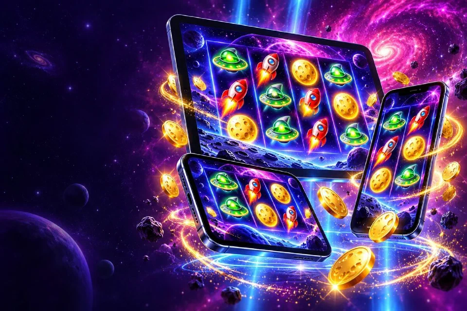 Tablet and two phones floating on beams of blue light, each screen showing space slot reels of saucers, rockets and moon coins