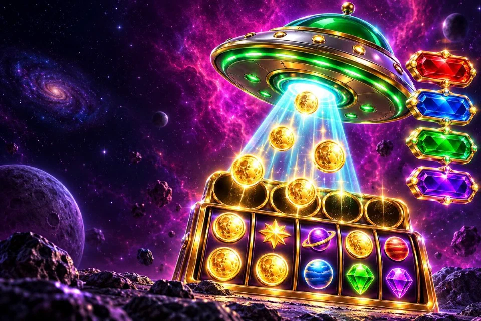Green flying saucer beaming golden moon coins up from a reel grid, with red, blue, green and purple jackpot gems beside it