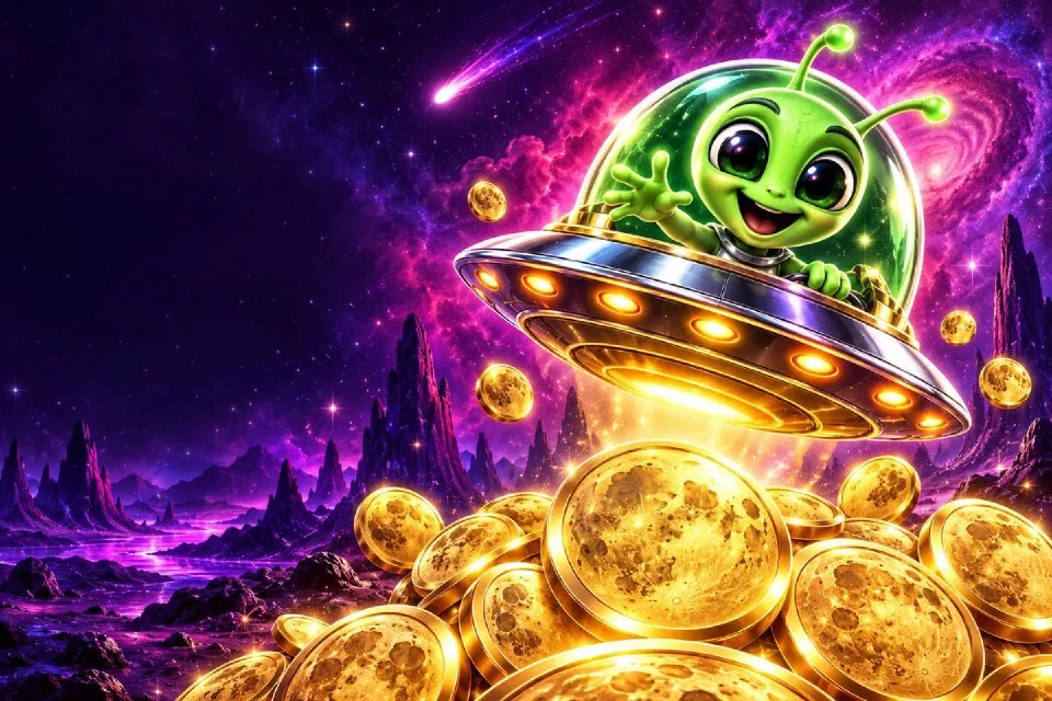 Smiling green alien in a chrome flying saucer above a mountain of golden moon coins on a purple alien planet