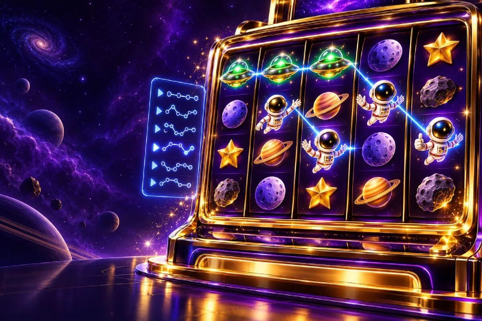 Gold-trimmed slot cabinet with blue win lines across saucers and astronauts and a holographic panel of line patterns