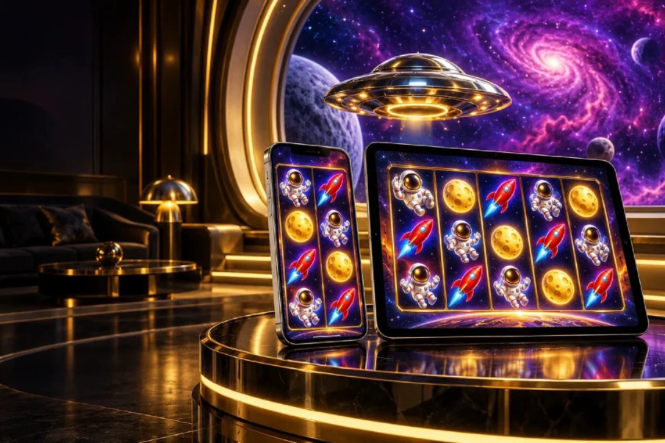 Silver phone and tablet on a black and gold pedestal in a spaceship lounge, both showing slot reels of astronauts and rockets