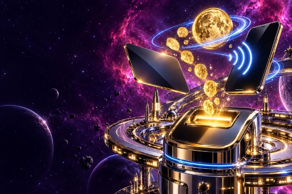 Chrome and gold space-station cashier with a card, a phone with a payment wave and a gold coin orbiting in blue light
