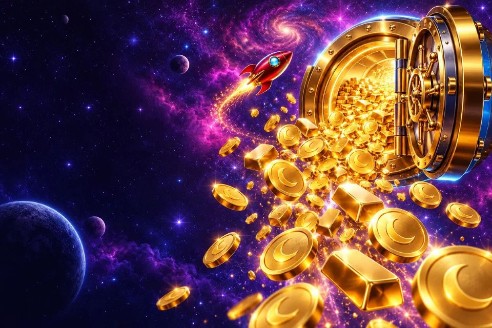 Open golden vault door in space spilling moon coins and gold bars past a small red rocket