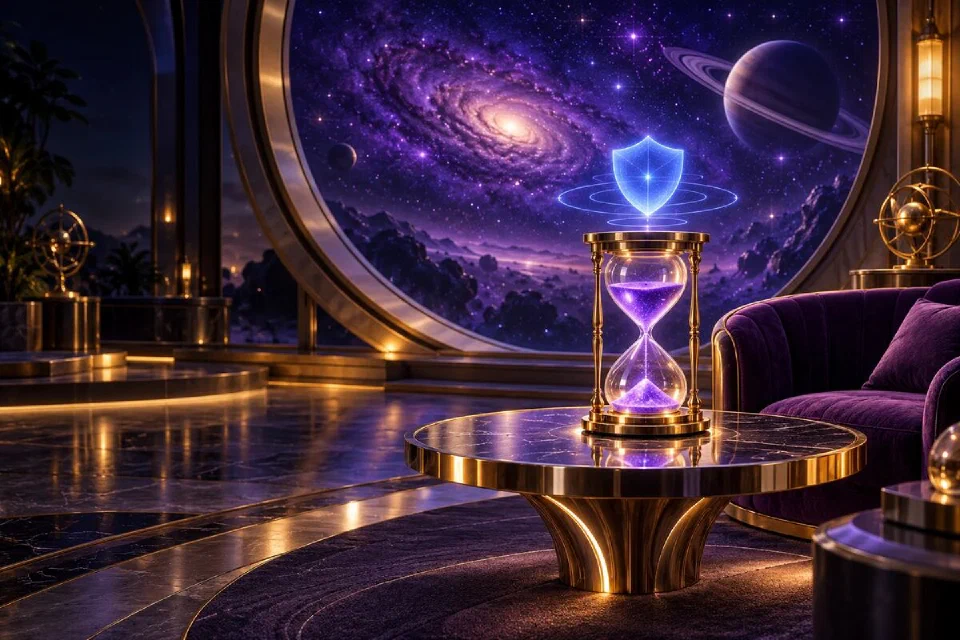 Gold hourglass with violet sand under a glowing blue shield on a marble table in a calm space observatory