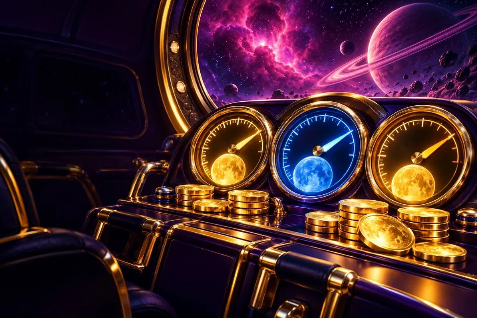 Spaceship console with three glowing gold and blue gauges, stacks of moon coins and a porthole onto a ringed planet