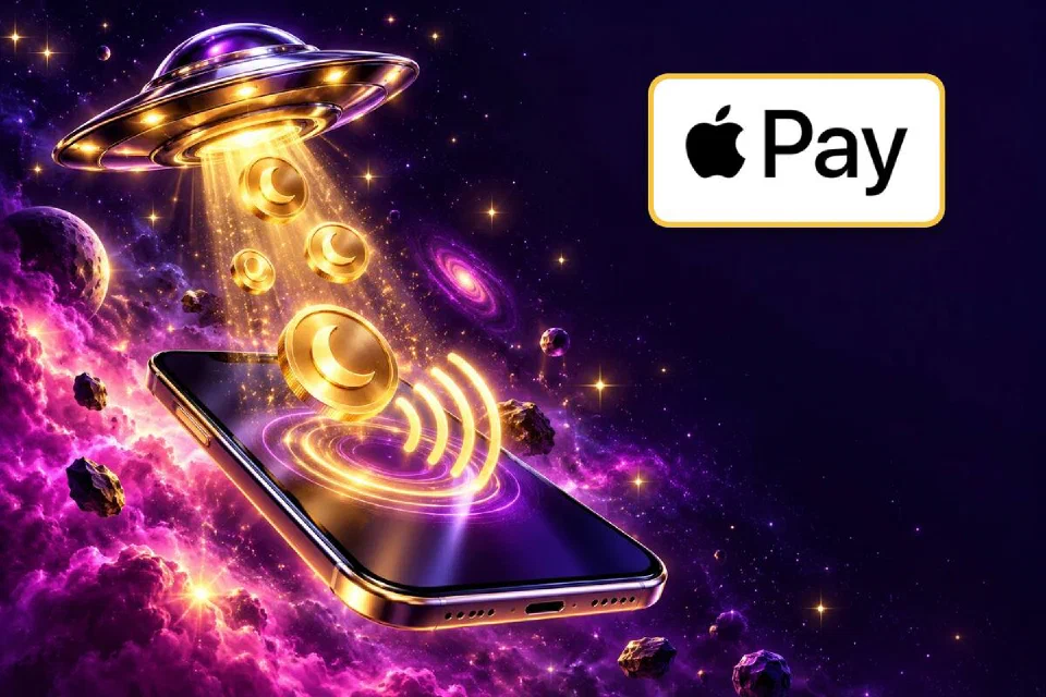 Apple Pay logo on a gold-framed plate above a phone receiving moon coins from a chrome flying saucer in violet space