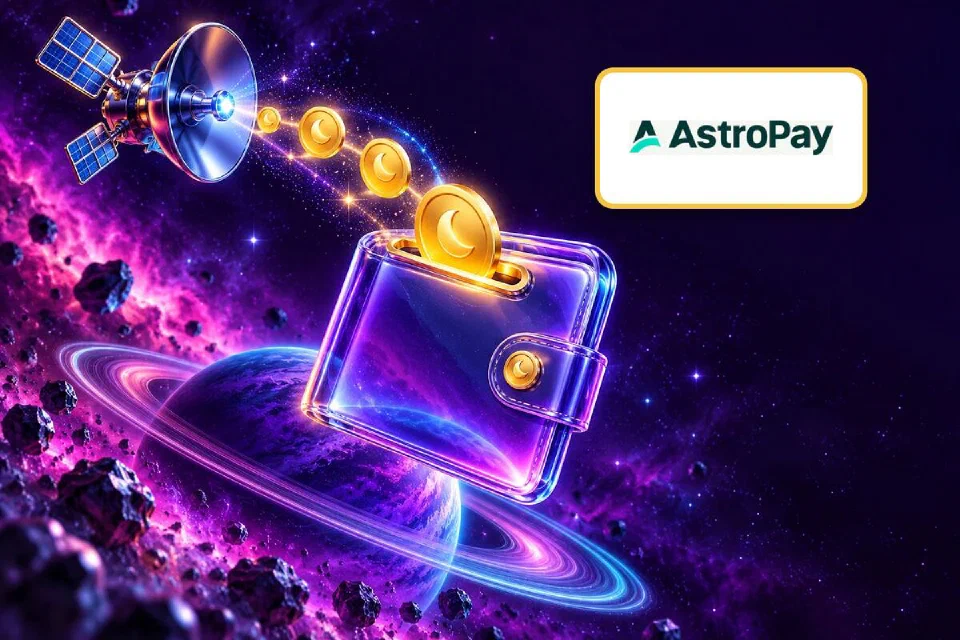AstroPay logo on a gold-framed plate over a glass wallet catching moon coins from a satellite dish above a ringed planet