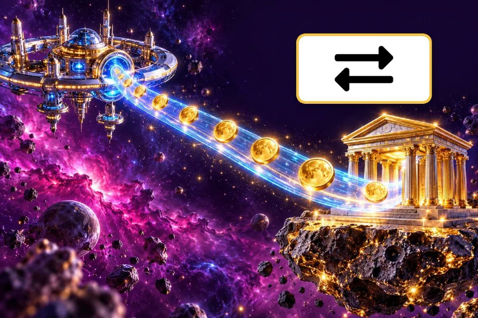 Bank transfer arrows on a gold-framed plate above a golden bank on an asteroid linked to a space station by a light bridge