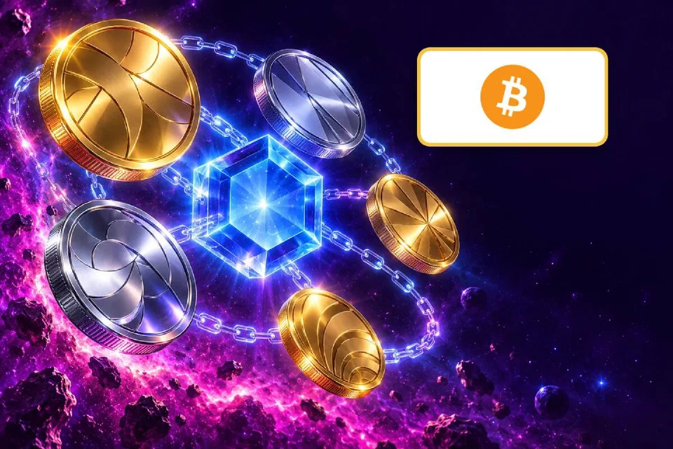 Bitcoin logo on a gold-framed plate above gold and silver coins orbiting a glowing blue crystal hexagon